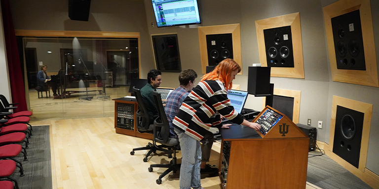 Students recording in the Georgina Joshi Recording Arts Studio.